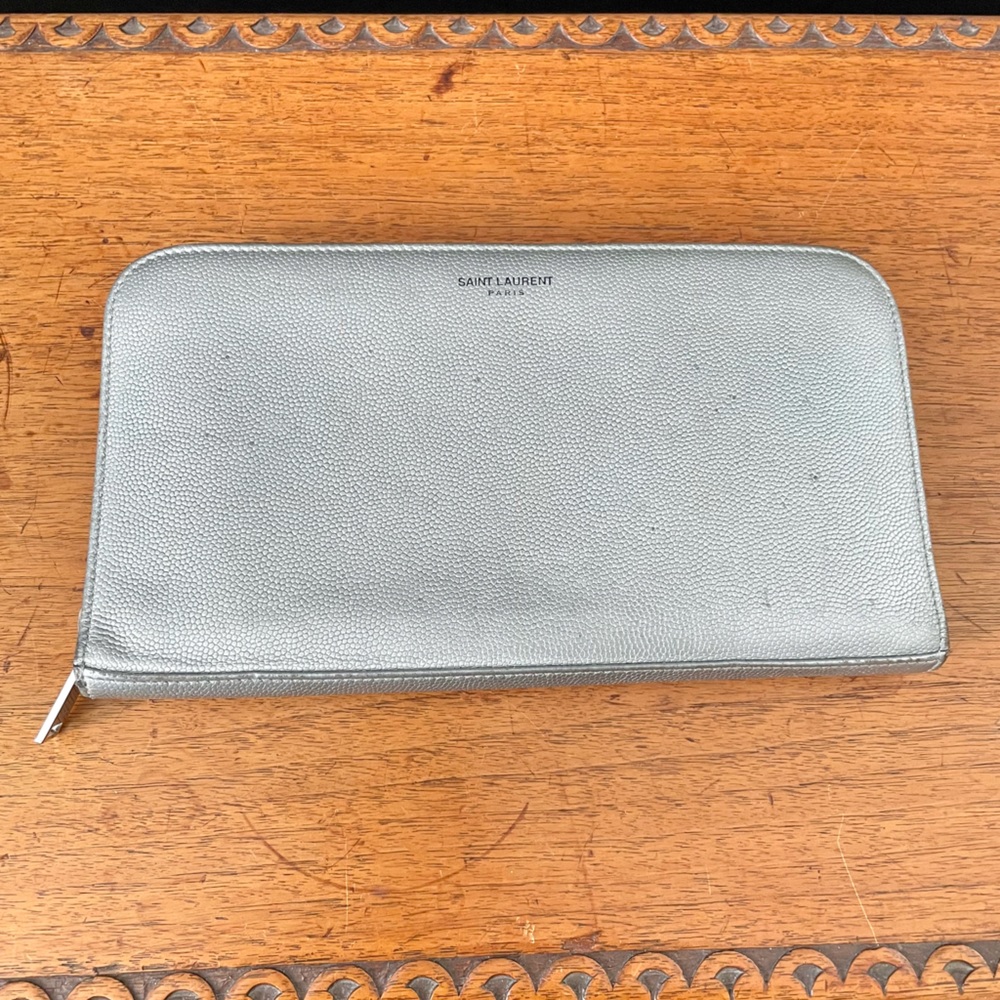 Authentic Yves Saint Laurent Paris Silver Leather Bifold Wallet